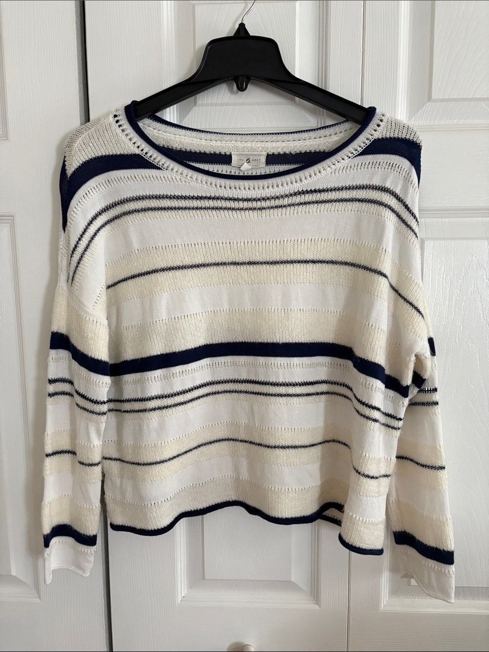 Lou & Grey Cream and Navy Striped Crewneck Sweater